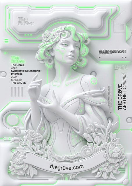 Floral Circuit Figure, a review-only Gr0ve visual atom candidate with green, cream, copper tones.